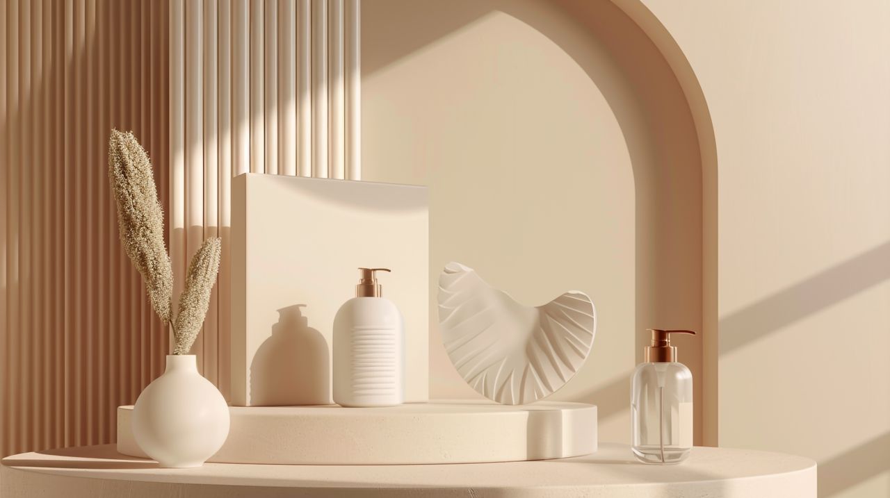 About Elegant minimalist bathroom decor featuring beige tones, vases, and bottles for luxury interior design.